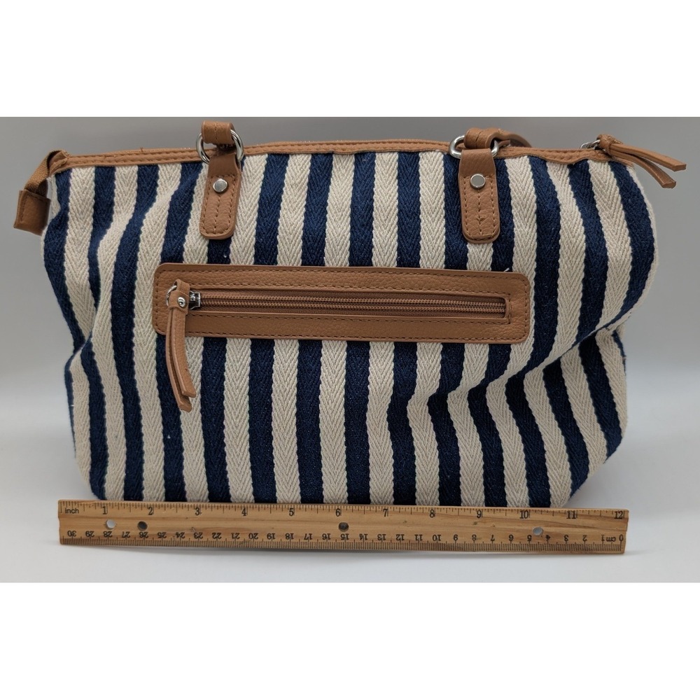 Tyler Rodan Navy Blue Cream Tan Striped Woven Canvas Nautical Shoulder Bag Purse - Picture 3 of 6